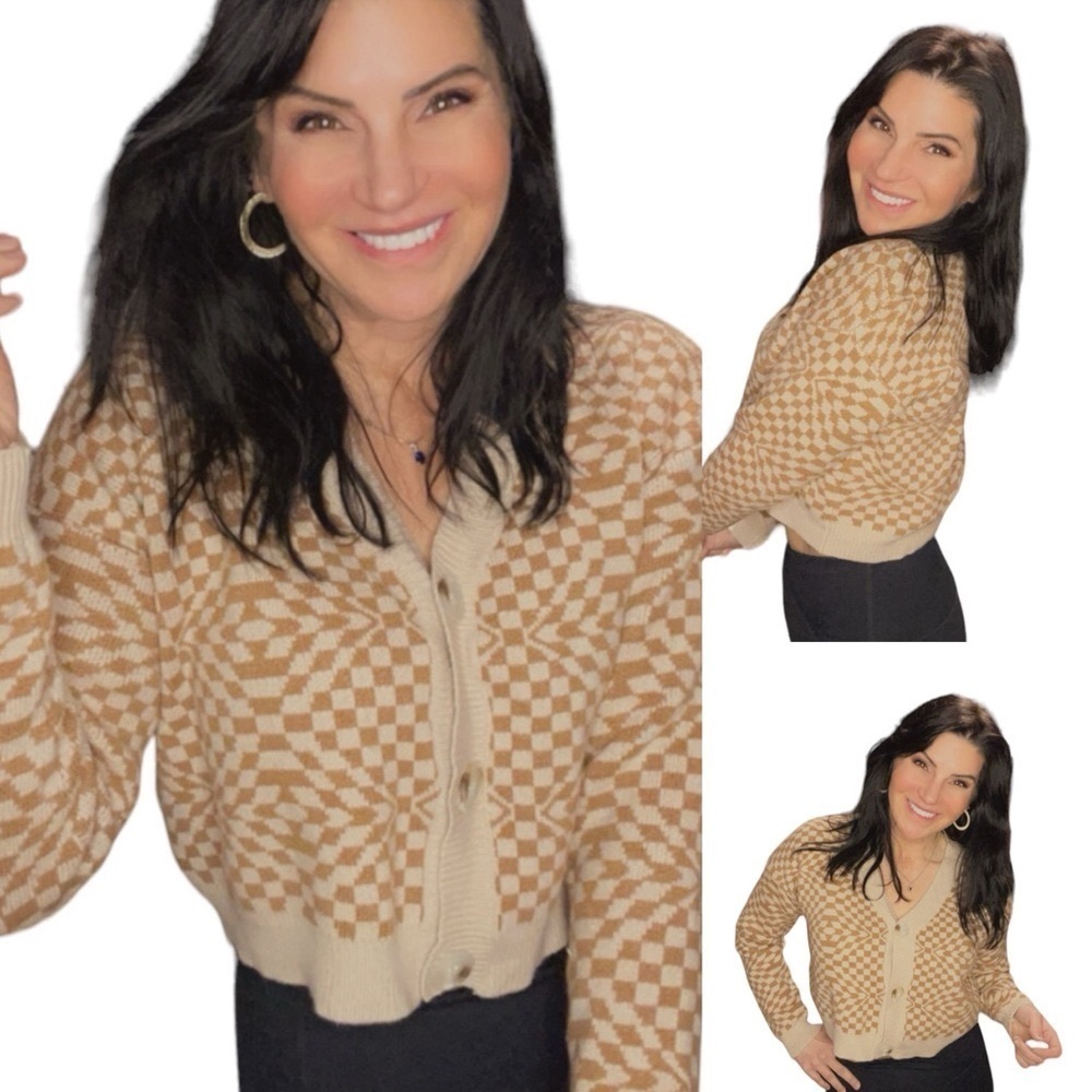 Debut women’s checkered cropped cardigan v neck knit sweater size S